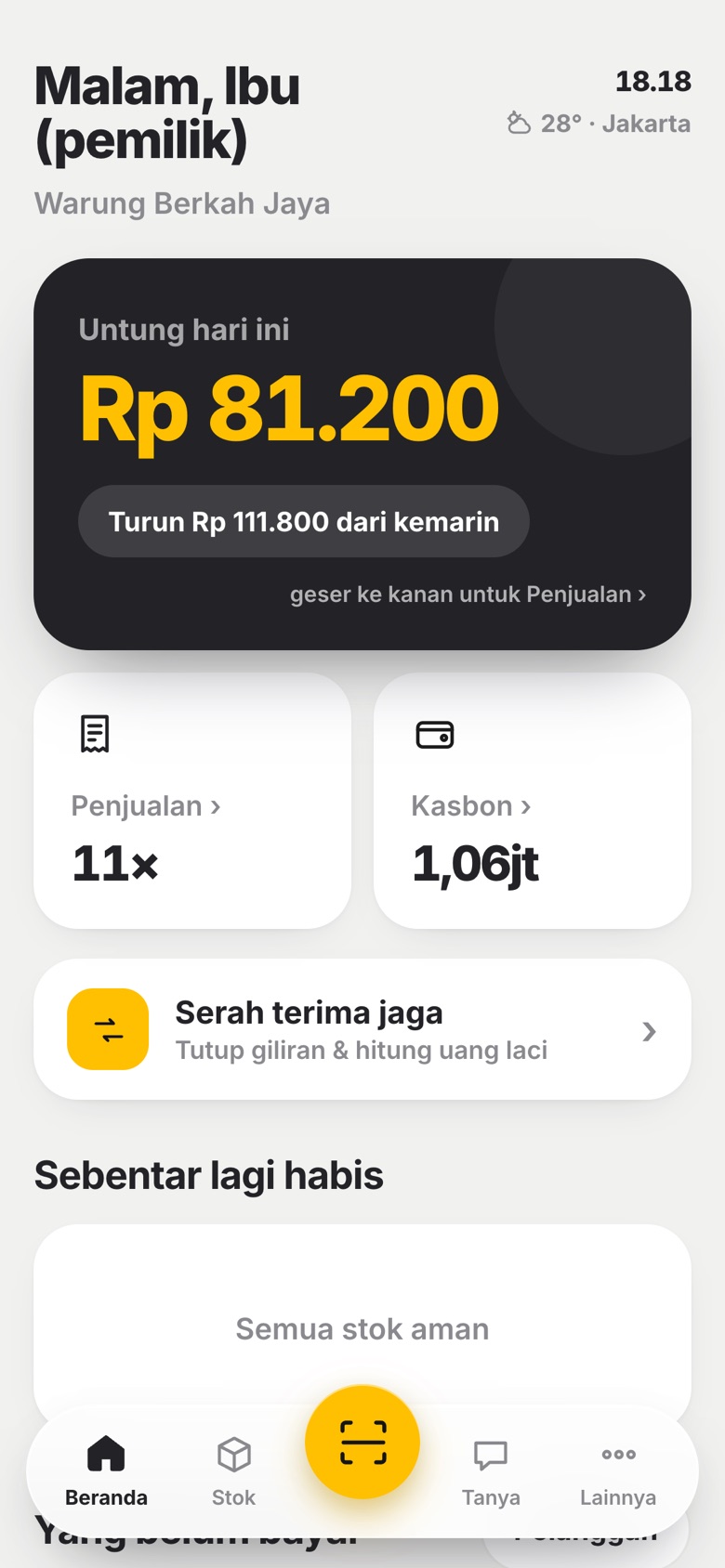Layar beranda Asisten Warung: untung hari ini, jumlah penjualan, total kasbon, dan stok yang mau habis