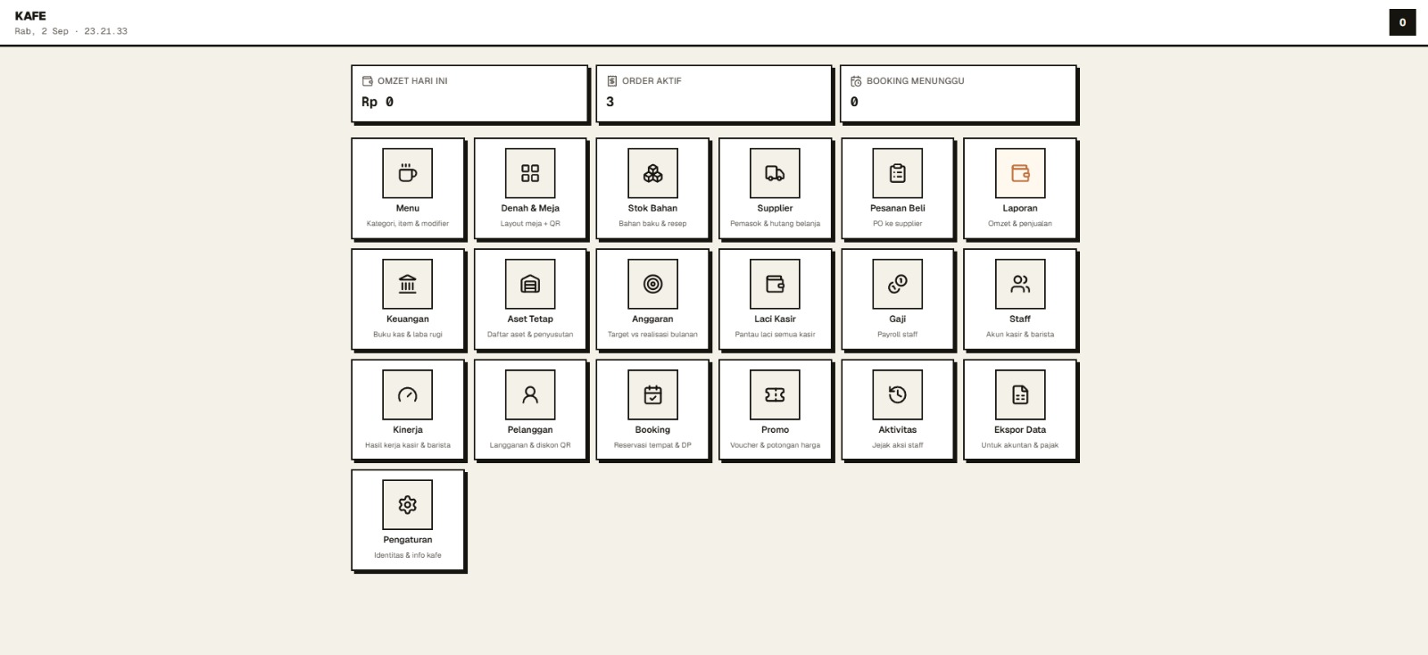 Tampilan dashboard Kafe Konsulin dengan modul Menu, Stok Bahan, Keuangan, dan lainnya